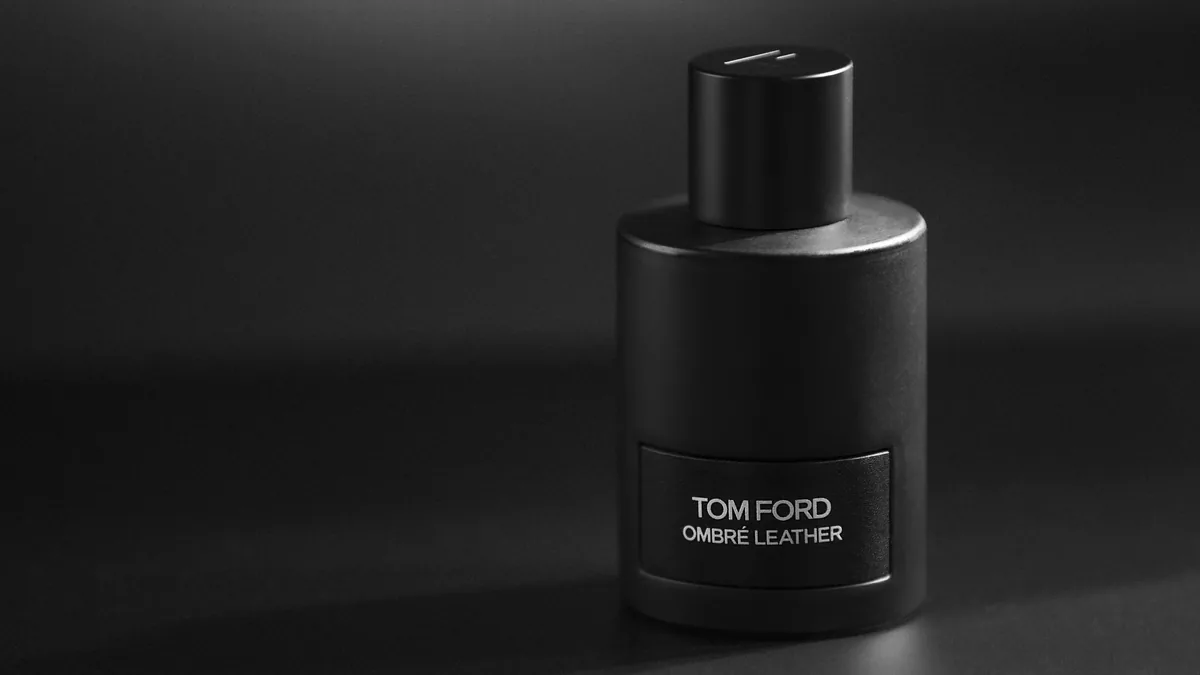 A bottle of Tom Ford Ombre Leather perfume.